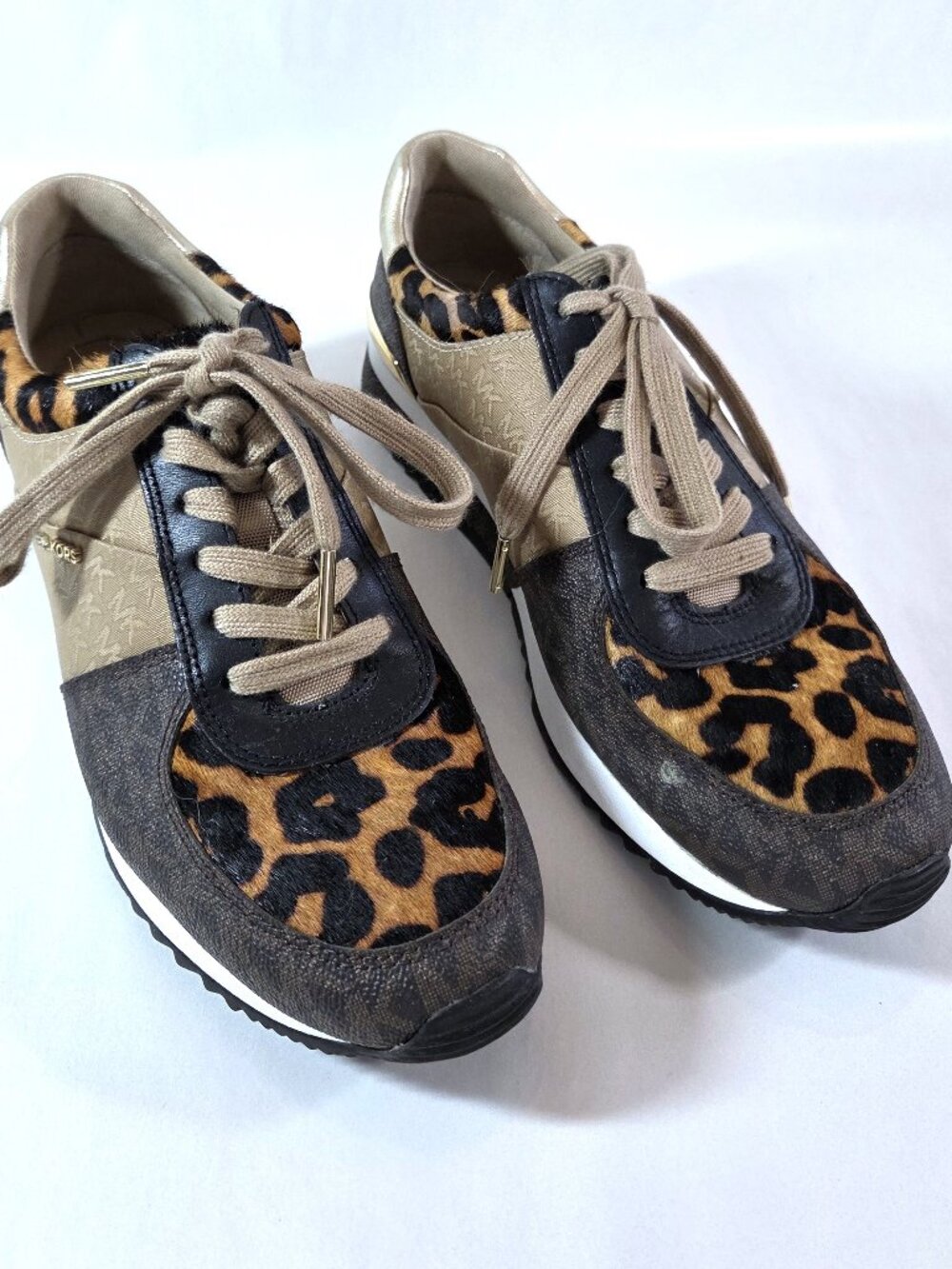 NWOT Michael Kors Brown & Gold Calf Hair Cheetah Print Trainers Size 7.5 - Picture 2 of 6